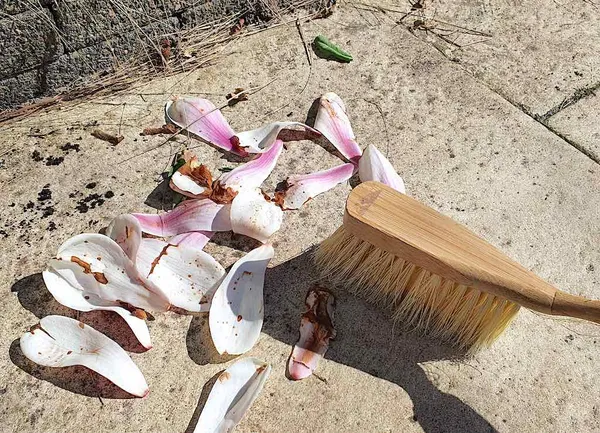 First, sweep up the dirt from your patio